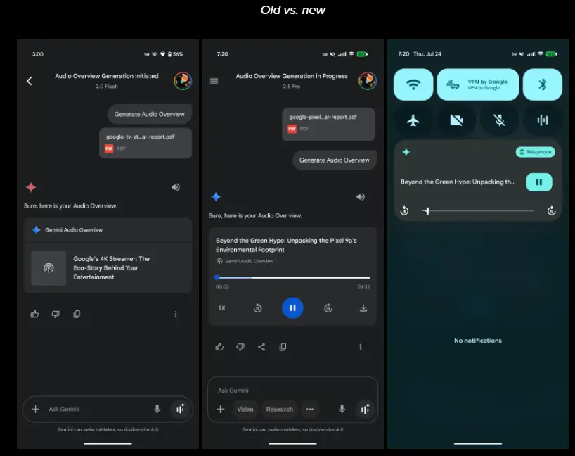 Audio Overviews player di Gemini App Versi Lama dan Baru